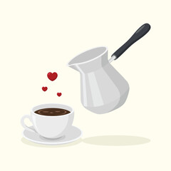 Coffee cup and turk with little hearts vector illustration. Coffee lover.