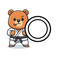A cute martial arts cartoon bear mascot dressed in a white kimono stands ready for action, framing a clear central area in a vibrant 2D flat vector illustration on a clean background.
