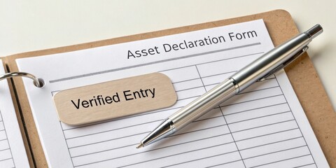 Asset Declaration Form with Verified Entry Label and Silver Pen on Clipboard for Financial Documentation and Reporting Purposes