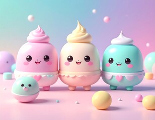 Three pastel-colored dessert characters with smiling faces, surrounded by treats