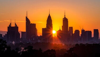 Fototapeta premium City skyline silhouetted by a bright, vibrant sunrise with orange hues