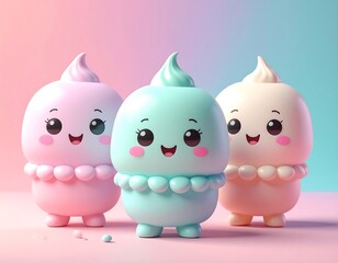 Three pastel-colored, smiling cartoon characters with cream-like heads