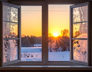 Sunrise view through an open window, revealing a snowy winter landscape and the radiant sun