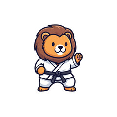A cute lion warrior wearing a traditional martial arts kimono stands ready in a powerful pose, rendered as a bold flat 2D vector illustration isolated on a clean white background.