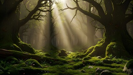 Enchanted Forest Sunlight Through Ancient Trees and Mossy Ground