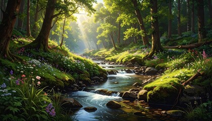 Obraz premium Sunlit forest with flowing stream—lush canopy, golden rays, vibrant flora—symbolizing tranquility, renewal, and the organic rhythm of nature’s embrace and peaceful immersion.