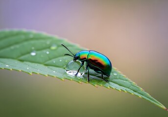 Fototapeta premium Iridescent Beetle on Leaf with Water Droplet Close Up Macro Shot Capturing Natures Beauty and Intricate Details Showing the Small Wonders of Wildlife
