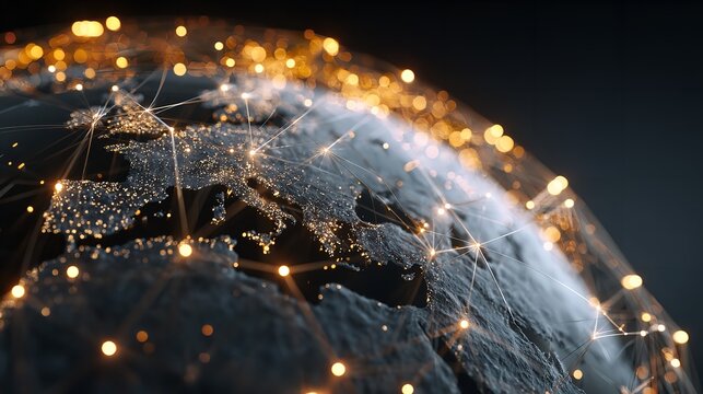 Closeup of earth with glowing network connections, representing global communication
