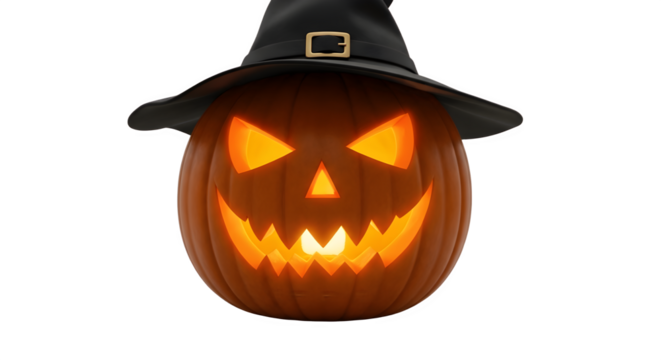 Spooky Halloween Pumpkin with Witch Hat Glowing JackoLantern.