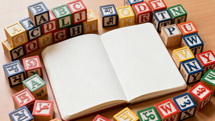 Inspire creativity with vibrant alphabet blocks surrounding an open notebook ready for stories, lessons, or educational adventures for children, early learning