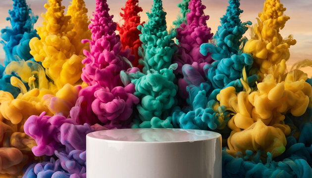 Colorful ink clouds erupting around a white display podium