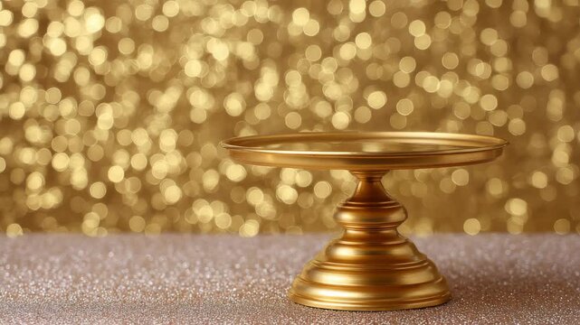 Elegant Golden Cake Stand Displaying Luxury and Celebration with Soft Bokeh Lights