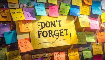 “Don’t Forget” message surrounded by colorful sticky notes—floral background and blank reminders—symbolizing memory, intention, and the emotional rhythm of everyday organization and gentle urgency.