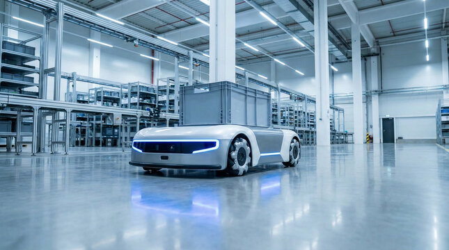 Futuristic Autonomous Mobile Robot moving smoothly across Polished Concrete Floor in Modern Logistics Center Warehouse Concept