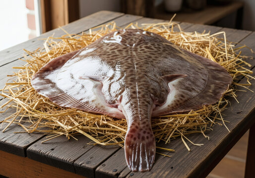 Fresh Whole Raw Skate Fish On Rustic Wooden Table Sea To Table