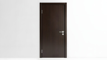 A closed dark brown wooden door with a silver handle against a plain white wall
