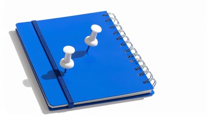 Blue spiral notebook with elastic band and two white push pins—resting on white surface with shadow—symbolizing creative disruption, tactile planning, and the poetic tension of office ritual.