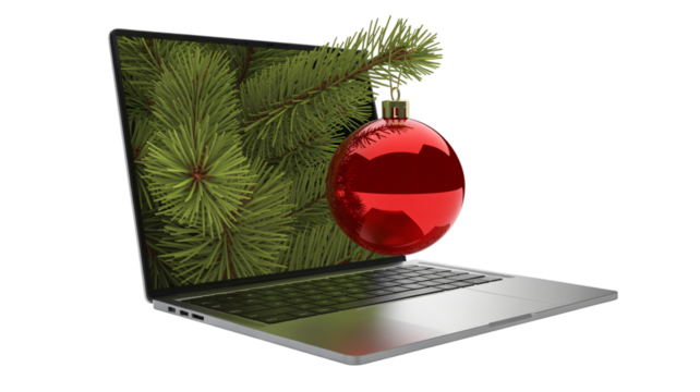 Modern laptop with Christmas tree and bauble for festive online shopping promotion