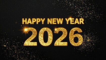 Gold glitter “HAPPY NEW YEAR 2026” text on black background—radiating celebration, glamour, and the sparkling anticipation of new beginnings and midnight wishes.
