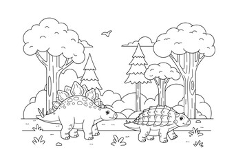 Fototapeta premium Dinosaurs in forest landscape with stegosaurus and ankylosaurus line art