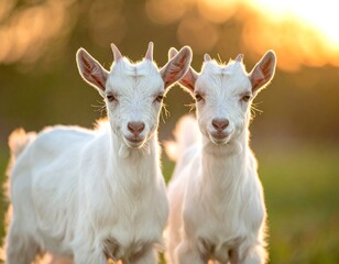 Two adorable white goats pose, backlit by golden sunlight in a soft-focus, outdoor setting