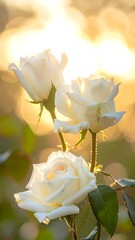 Three white roses bathed in warm sunlight against a soft bokeh backdrop