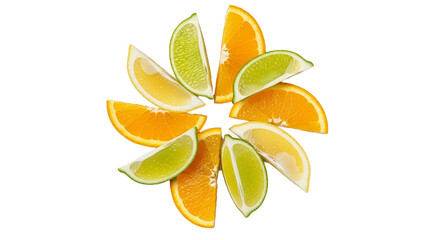 Arrangement of fresh orange and lime slices on a black background