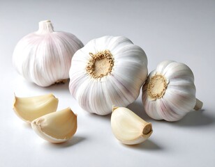 Three whole garlic bulbs with two cloves on a plain white surface