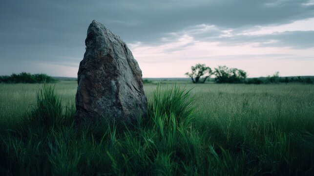 Large rock in grassy meadow, dramatic cloudy sky - Powered by Adobe