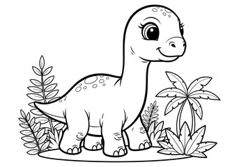 Obraz premium Cute dinosaur cartoon with leaves for kids coloring book page