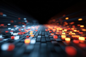 Abstract Digital Pathway Of Glowing Cubes With Blue And Orange Lights