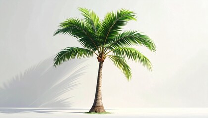 Obraz premium Single palm tree with textured trunk and lush green fronds—standing tall against plain white background, symbolizing tropical solitude, clarity, and the sculptural elegance of natural form.