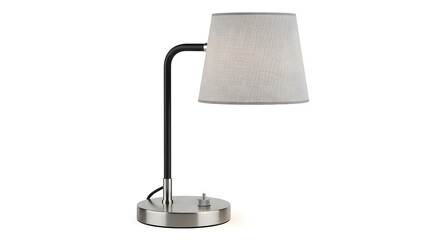 Modern minimalist desk lamp with a textured fabric lampshade and adjustable arm on a brushed metal base