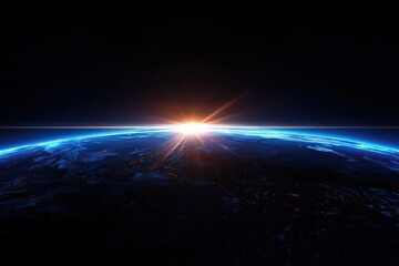 Fototapeta premium Digital Earth Globe Horizon View Revealing a Bright Orange Sunrise with a Sparkling Blue City Lights at Night