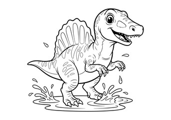Fototapeta premium Cute dinosaur splashing in water black and white cartoon design for kids