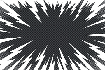 Thunder line manga vector with comic dotted radial background. Thunder manga bg for anime motion, pop flash or energy light. Abstract texture frame for modern design use.