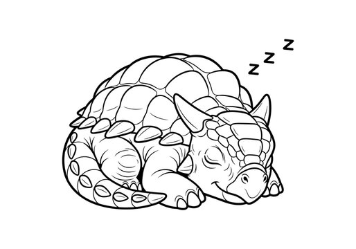Adorable sleeping dinosaur with dreamy expression and zzz symbols in black and white line art