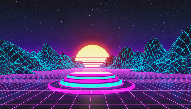 Retro Synthwave Landscape with Neon Grid and Sun purple