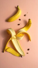 Top-down shot of peeled banana, seeds, and an unpeeled one on pink