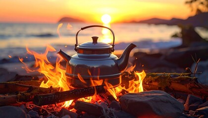 Metal kettle heating over open campfire in mountainous sunset setting—flames flicker beneath, sky glows above, symbolizing warmth, solitude, and the ritual of tea in nature’s embrace.