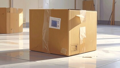 Large cardboard box sealed with tape and labeled with barcode—placed on tiled floor in sunlit room, surrounded by other boxes—symbolizing logistics, movement, and the architecture of transition.