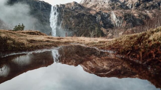 Mountain waterfall reflecting in river peaceful natural scenery captured with rich cinematic clarity immersive atmosphere and striking emotional depth creating a visually compelling moment i