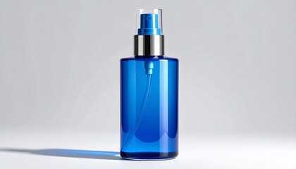 Modern blue glass spray bottle with silver pump, transparent outer layer and deep blue core—set against light gradient background, symbolizing elegance, purity, and minimalist product design.