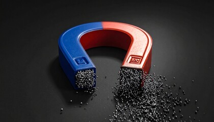 U-shaped horseshoe magnet with red and blue poles labeled “N” and “S,” surrounded by clustered iron filings—symbolizing magnetic force, polarity, and the invisible structure of attraction.