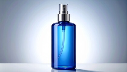 Modern blue glass spray bottle with silver pump, transparent outer layer and deep blue core—set against light gradient background, symbolizing elegance, purity, and minimalist product design.
