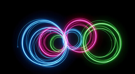 Abstract neon light painting featuring glowing blue, pink, and green circular motion trails isolated on a black background