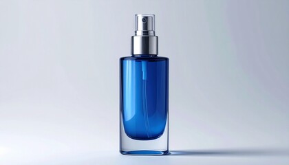 Modern blue glass spray bottle with silver pump, transparent outer layer and deep blue core—set against light gradient background, symbolizing elegance, purity, and minimalist product design.