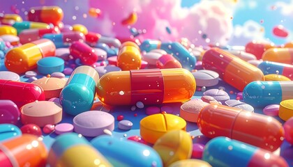Colorful assortment of scattered pills and capsules against a blurred, pastel background
