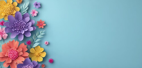 Colorful Paper Flowers And Green Leaves Border On Light Blue Background With Copy Space