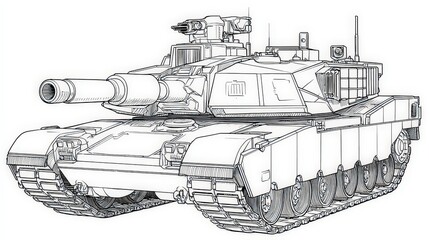 Detailed Line Drawing of Military Tank with Large Gun and Tracked Wheels Against White Background